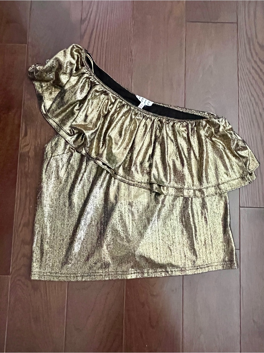 TCEC Metallic Gold One-Shoulder Ruffle Top - Picture 2 of 4